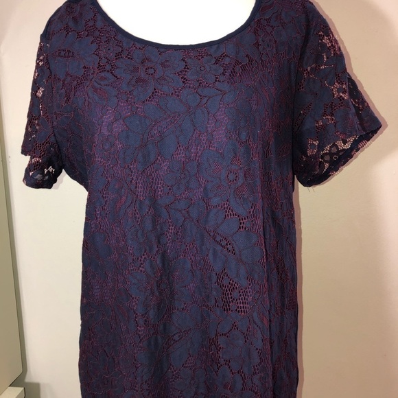 TRULY POPPY  Navy Plum Lace Overlay Front Short Sleeve Blouse Sz L - Picture 1 of 12